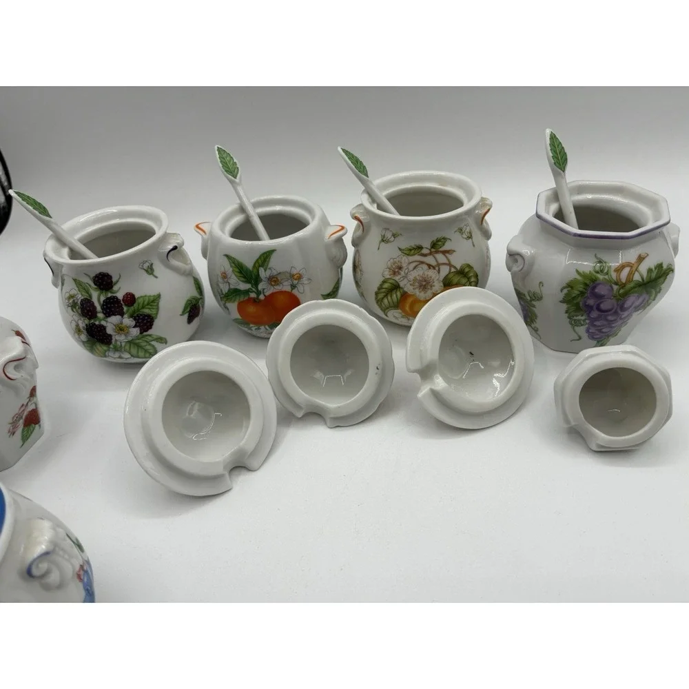 Vintage 1991 Lenox Orchard Porcelain Jam/Jelly Jars - Set of 8 with 8 spoons